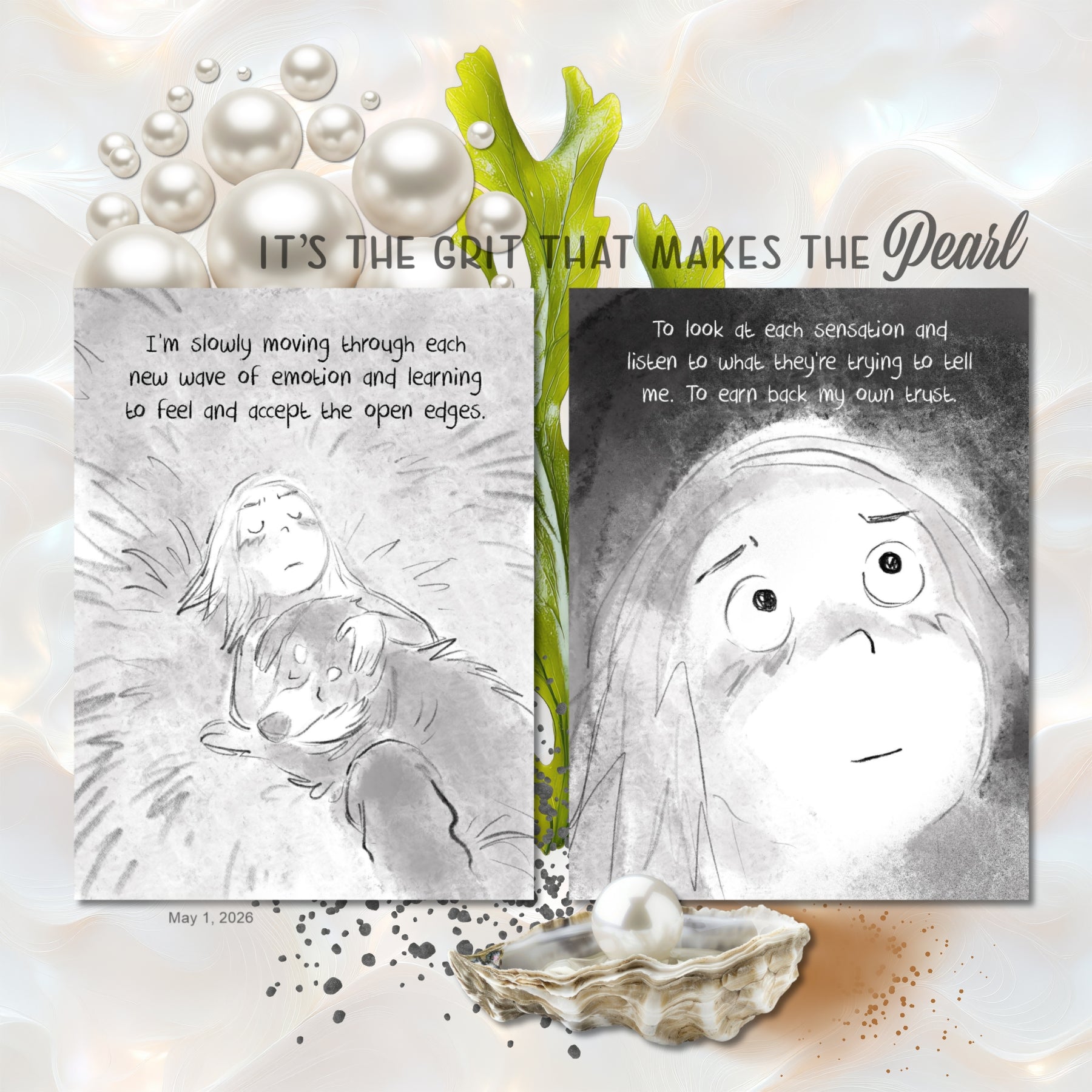 She is just like a pearl - made from grit but full of grace. She is unstoppable. Through hardship, time, and transformation, great beauty develops just as grit in an oyster turns into a pearl. These realistic and beautiful embellishments, word art, papers, and alpha set by Lucky Girl Creative digital art will add beauty to your spiritual transformation journey. Great for beach vacations and weddings, too! Embellishments include otter, shell, seashell, coastal rocks, decorative mats for journaling, flower