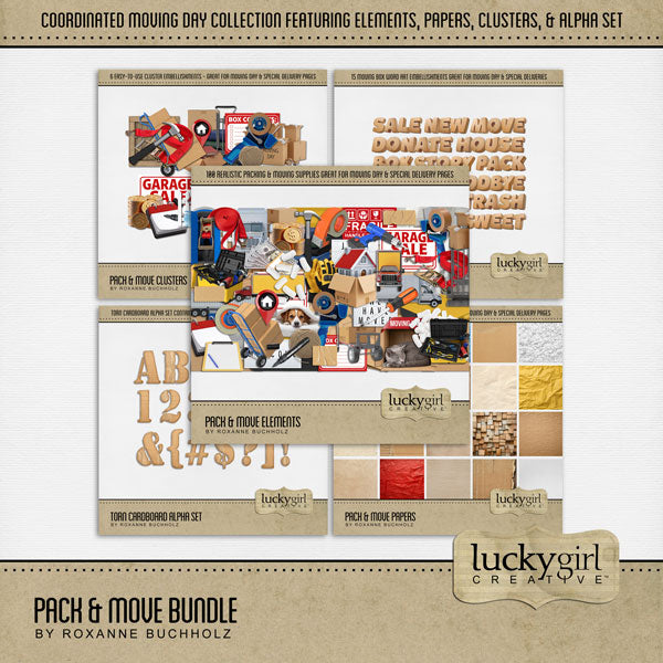Your home has sold! Now it's time to pack and move! Get started documenting your journey with these realistic embellishments, papers, clusters, word art, and alpha set by Lucky Girl Creative digital art. Great for real estate agents, realtors, and home buyers and sellers! Embellishments include cat in box, dog in bed, damaged box, crushed packaging, bubble wrap, roll, calendar, box, cardboard, moving box, packing box, fragile, moving day, clipboard, crate, picket fence, welcome mat, door mat, gloves