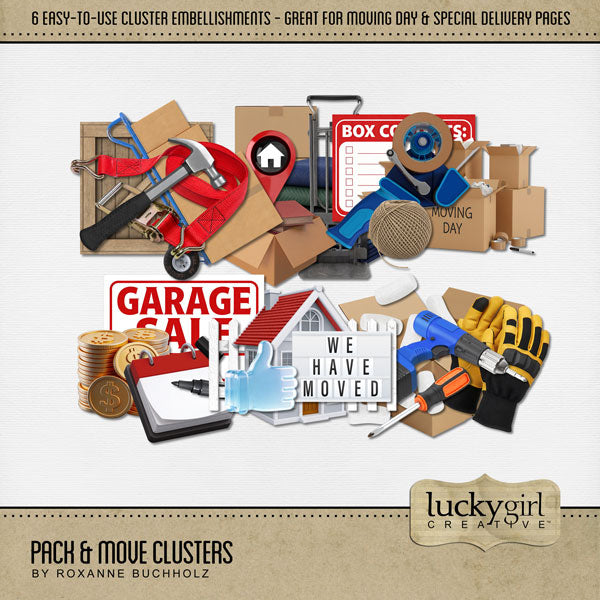 Your home has sold! Now it's time to pack and move! Get started documenting your journey with these realistic, easy-to-use, cluster embellishments by Lucky Girl Creative digital art. Great for real estate agents, realtors, and home buyers and sellers! Embellishments include packing peanuts, drill, screwdriver, cardboard box, dolly, hand truck, hammer, strap, house, home, We Have Moved sign, thumbs up, location marker, moving blankets, garage sale, money, calendar, felt tip pen, packing tape, and string.