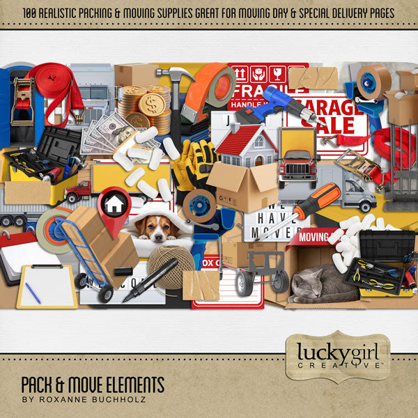 Your home has sold! Now it's time to pack and move! Get started documenting your journey with these realistic embellishments by Lucky Girl Creative digital art. Great for real estate agents, realtors, and home buyers and sellers! Embellishments include cat in box, dog in bed, damaged box, crushed packaging, bubble wrap, roll, calendar, box, cardboard, moving box, packing box, fragile, moving day, clipboard, crate, picket fence, welcome mat, door mat, gloves, hand truck, dolly, just sold sign, We have Moved 