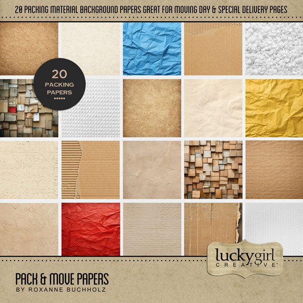 Your home has sold! Now it's time to pack and move! Get started documenting your journey with these realistic textured digital papers by Lucky Girl Creative digital art. Great for real estate agents, realtors, and home buyers and sellers! Papers include tissue paper, packing papers, cardboard, bubble wrap, brick, stucco, packing peanuts, packing boxes, and more! This kit is included in the Pack & Move Bundle.