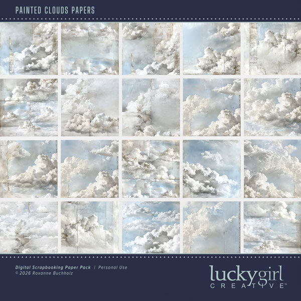 These digital scrapbooking background papers by Lucky Girl Creative digital art feature painted clouds that will add that touch of interest and inspiration to all your digital scrapbooking pages. Use to create one-of-a-kind beautiful backgrounds for special occasions including wedding, baptism, anniversary, as well as outdoor and nature pages. This kit is included in the Paper Duo Painted Clouds Kit.