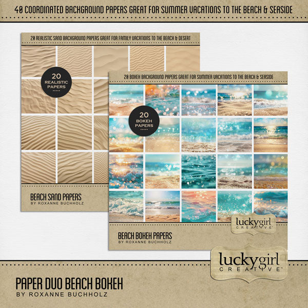 These beautiful sand and beach bokeh papers by Lucky Girl Creative digital art for digital scrapbooking are great for vacations to the beach and ocean! This kit includes the Beach Bokeh Papers and the Beach Sand Papers.
