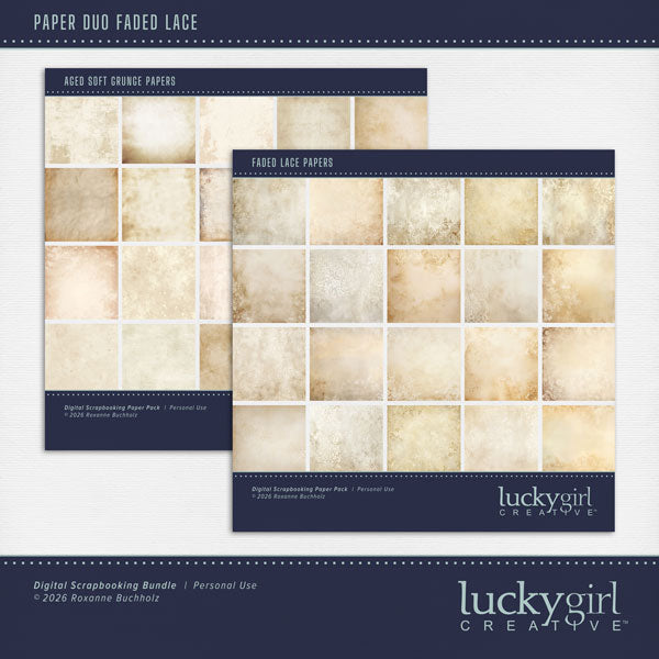 Paper Duos by Lucky Girl Creative digital art are the perfect combination of papers! Use to create one-of-a-kind beautiful backgrounds with vintage lace ephemera and subtle grunge. These papers will add that touch of interest and authenticity to all your pages including family history and genealogy. This kit contains the Faded Lace Papers and the Aged Soft Grunge Papers.