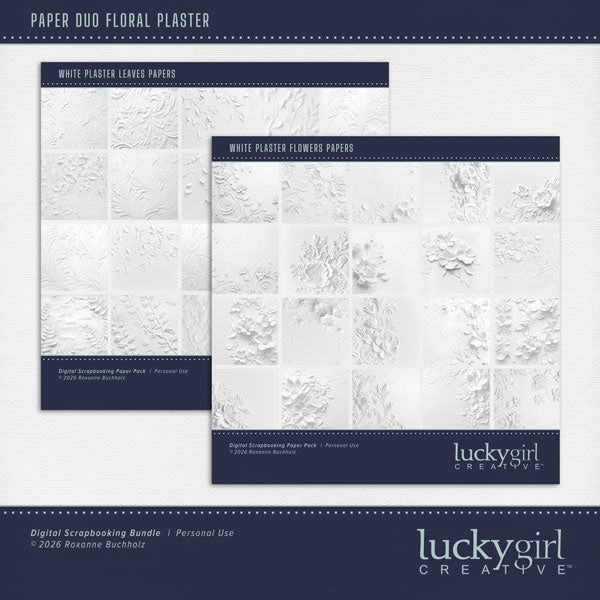 In a white on white plaster look, these digital scrapbooking flower and leaf background papers by Lucky Girl Creative digital art will add that touch of interest and authenticity to all your pages. Use to create one-of-a-kind beautiful backgrounds for special occasions including wedding, baptism, anniversary, and more! Great for outdoor and nature pages, too!