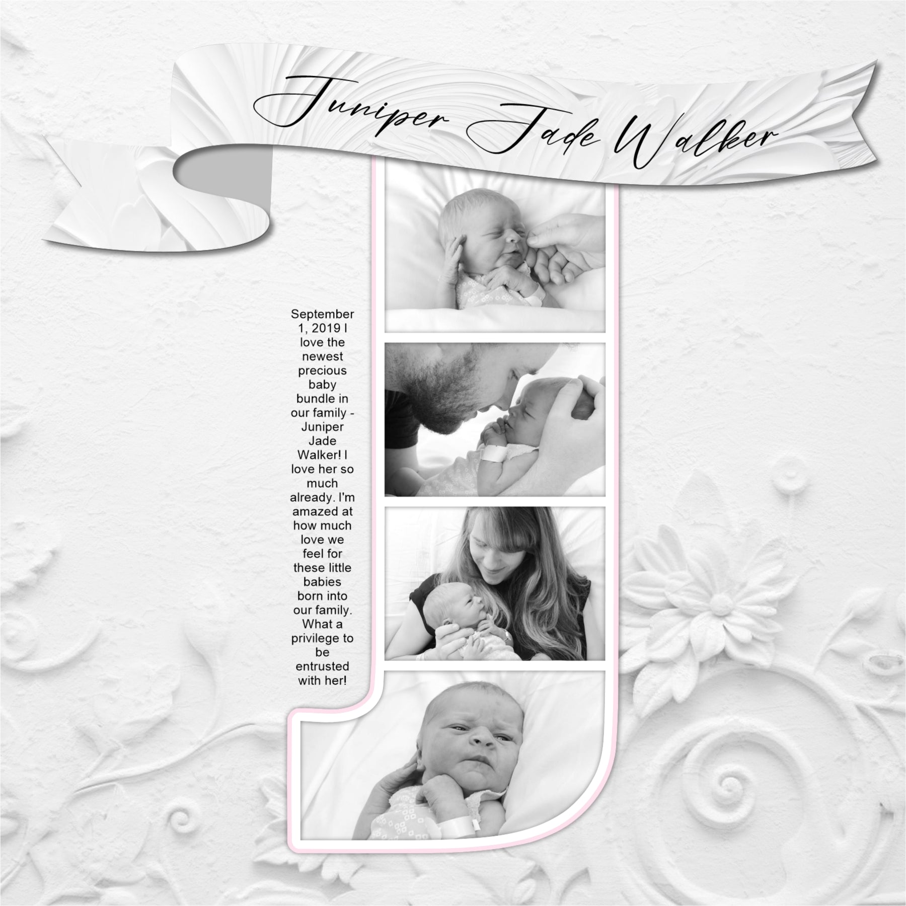 In a white on white plaster look, these digital scrapbooking flower and leaf background papers by Lucky Girl Creative digital art will add that touch of interest and authenticity to all your pages. Use to create one-of-a-kind beautiful backgrounds for special occasions including wedding, baptism, anniversary, and more! Great for outdoor and nature pages, too!