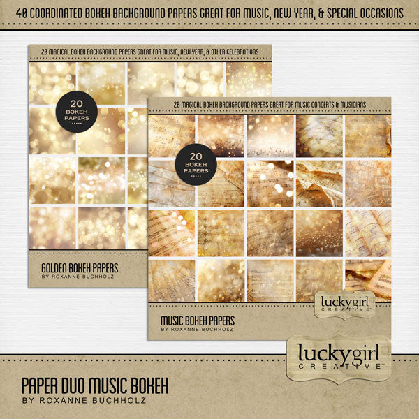 Paper Duos by Lucky Girl Creative digital art are the perfect combination of digital scrapbooking papers! With golden tones, these musical note and bokeh papers will add a magical look to your backgrounds. Use to create one-of-a-kind beautiful backgrounds of music concerts, recitals, and the theater. Great for New Year's, anniversary, celebrations, and wedding, too!
