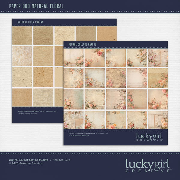 Paper Duos by Lucky Girl Creative digital art are the perfect combination of papers! Use to create one-of-a-kind beautiful backgrounds with vintage flower ephemera and natural fibers. These papers will add that touch of interest and authenticity to all your pages including family history and genealogy. This kit contains the Floral Collage Papers and the Natural Fiber Papers.