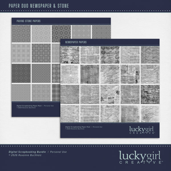 Paper Duos by Lucky Girl Creative digital art are the perfect combination of papers! Use to create one-of-a-kind beautiful backgrounds with vintage newsprint and paving stones. These papers will add that touch of interest and authenticity to all your pages including family history, genealogy, and travel. This kit contains the Newspaper Papers and the Paving Stone Papers.