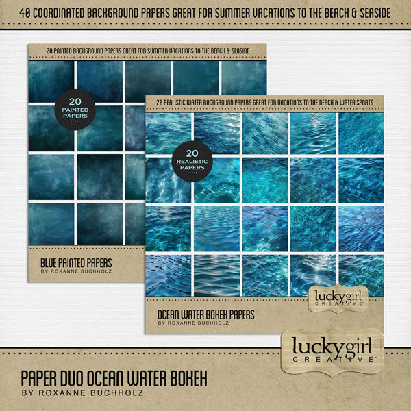 Paper Duos by Lucky Girl Creative digital art for digital scrapbooking are the perfect combination of papers! Use to create one-of-a-kind beautiful backgrounds of ocean water bokeh and blue painted papers great for summer vacations and tropical holidays. This kit contains the Ocean Water Bokeh Papers and the Blue Painted Papers.