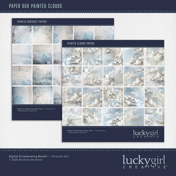 These digital scrapbooking background papers by Lucky Girl Creative digital art feature painted clouds and painted grunge papers in tones of blue, white, and gray that will add that touch of interest and inspiration to all your digital scrapbooking pages. Use to create one-of-a-kind beautiful backgrounds for special occasions including wedding, baptism, anniversary, celebration of life services, as well as outdoor and nature pages. This kit includes the Painted Abstract Papers and Painted Cloud Papers.