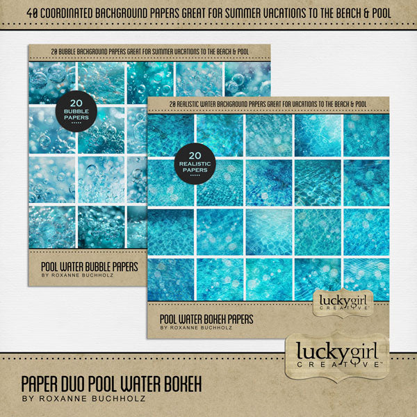 Paper Duos by Lucky Girl Creative digital art for digital scrapbooking are the perfect combination of papers! Use to create one-of-a-kind beautiful backgrounds of pool water bokeh and bubbles great for summer pool parties, holidays to the beach, and tropical vacations. This kit includes the Pool Water Bokeh Papers and the Pool Water Bubbles Papers.