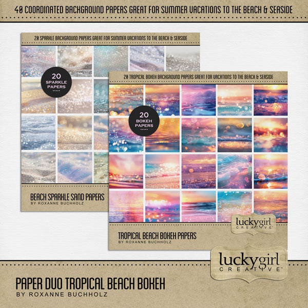 Paper Duos by Lucky Girl Creative digital art for digital scrapbooking are the perfect combination of papers! Use to create one-of-a-kind beautiful backgrounds of tropical beach bokeh and sparkle sand great for beach vacations and seaside holidays. This kit contains the Tropical Beach Bokeh Papers and the Beach Sparkle Sand Papers.