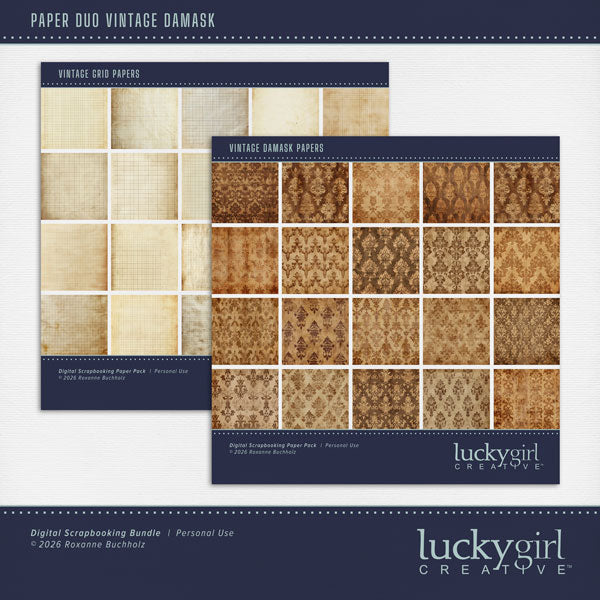 Paper Duos by Lucky Girl Creative digital art are the perfect combination of papers! Use to create one-of-a-kind beautiful backgrounds with vintage damask and distressed geometric grids. These papers will add that touch of interest and authenticity to all your pages including family history, genealogy, and travel. This kit contains the Vintage Damask Papers and the Vintage Grid Papers.