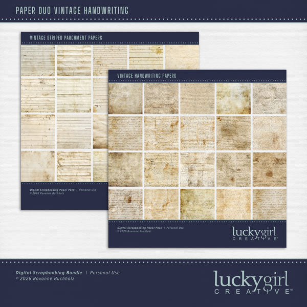 Paper Duos by Lucky Girl Creative digital art are the perfect combination of papers! Use to create one-of-a-kind beautiful backgrounds with vintage handwriting and folded grunge parchment. These papers will add that touch of interest and authenticity to all your pages including family history, heritage, and genealogy. This kit contains the Vintage Handwriting Papers and the Vintage Striped Parchment Papers.