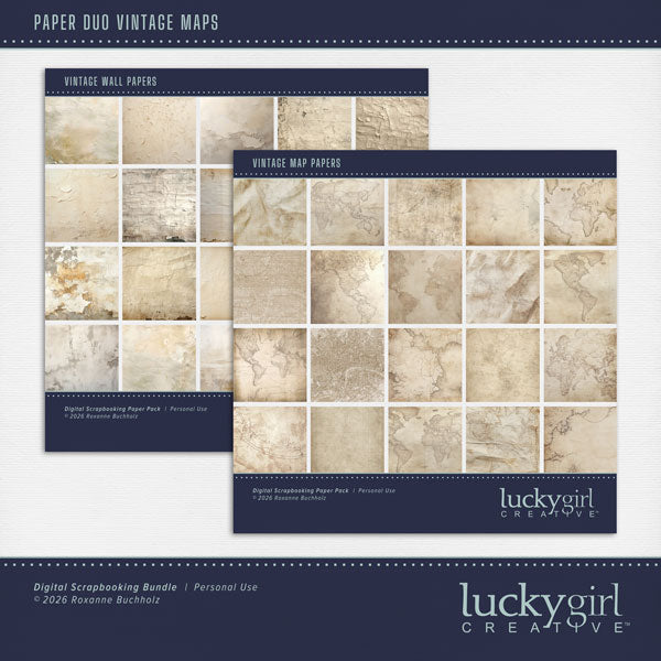 Paper Duos by Lucky Girl Creative digital art are the perfect combination of papers! Use to create one-of-a-kind beautiful backgrounds with distressed walls and ancient maps. These papers will add that touch of interest and authenticity to all your pages including family history, genealogy, and travel. This kit contains the Vintage Maps Papers and the Vintage Wall Papers.