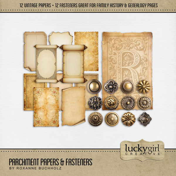 In a neutral vintage style, these beautiful and ornate metal fasteners and brads paired with the parchment papers by Lucky Girl Creative digital art will add an elegant touch to all your family history, genealogy, and heritage digital scrapbooking projects. Great for weddings, too! This kit is included in the Victorian Baroque Bundle.