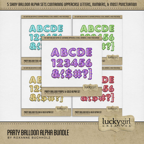 Design unique digital scrapbooking page titles with these 5 fun polka dot balloon alpha sets by Lucky Girl Creative digital art. Great for birthday parties, graduation, children, baby showers, tweens, teens, and everyone in between! These alpha sets consists of a full set of uppercase letters A-Z, numbers 0-9, and most punctuation marks. These digital scrapbooking alpha sets are available as individual embellishments only.