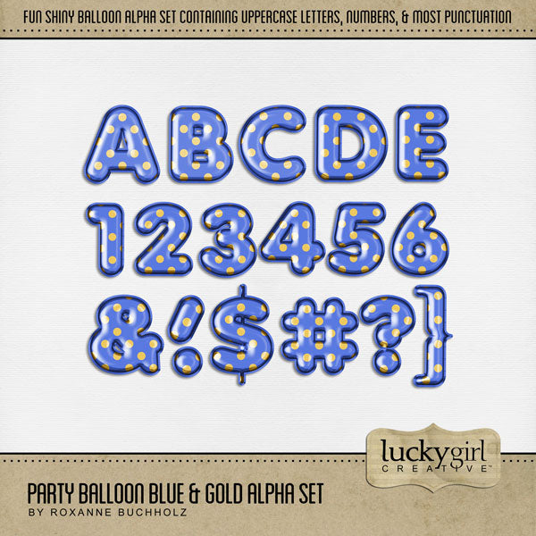 Design unique digital scrapbooking page titles with this fun blue and gold polka dot balloon alpha set by Lucky Girl Creative digital art. Perfect for Hanukkah, Chanukah, birthday, anniversary, parties, celebrations, and more! This alpha set consists of a full set of uppercase letters A-Z, numbers 0-9, and most punctuation marks. This digital scrapbooking alpha set is available as individual embellishments only.