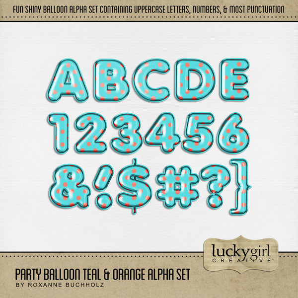 Design unique digital scrapbooking page titles with this fun polka dot balloon alpha set by Lucky Girl Creative digital art. Great for birthday parties, graduation, children, baby showers, tweens, teens, and everyone in between! This alpha set consists of a full set of uppercase letters A-Z, numbers 0-9, and most punctuation marks. This digital scrapbooking alpha set is available as individual embellishments only. This alpha set is included in the Party Balloon Alpha Bundle.