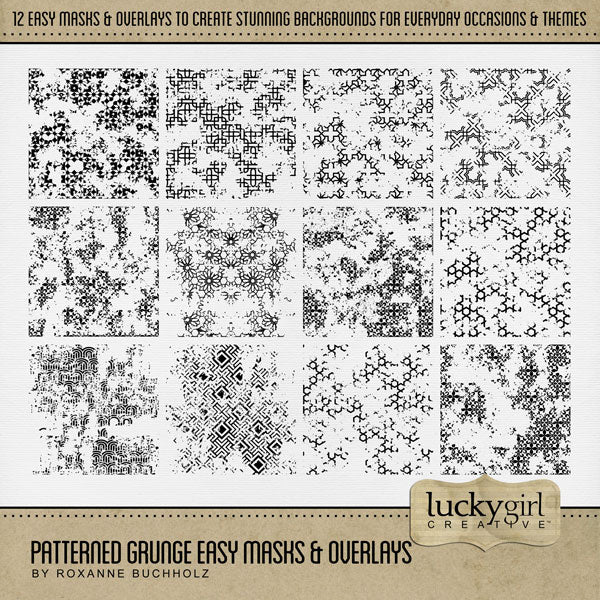 Create your own digital scrapbooking papers with these stylish grunge easy masks & overlays by Lucky Girl Creative digital art. Fill the textures with your favorite color, photo, or paper to create a unique patterned effect and one-of-a-kind background paper. Great for everyday pages and special occasions. In Photoshop, drop the photo mask and overlay on your page, overlay with your favorite photo, and create a clipping path for a stunning result. Try layering multiple masks for a unique look every time. 