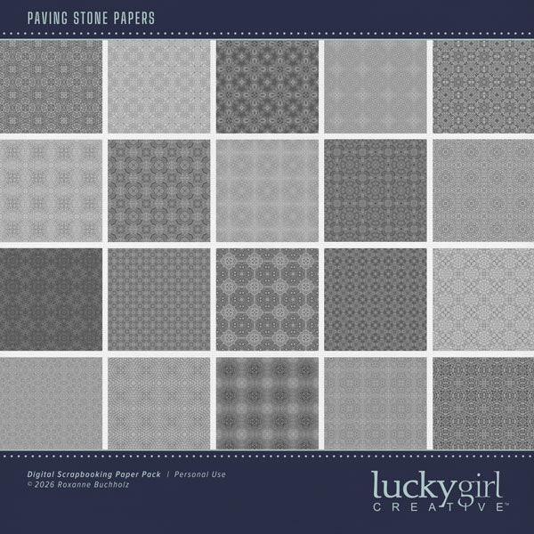 With geometric stone patterns in gray, these digital scrapbooking background papers by Lucky Girl Creative digital art will add that touch of interest and authenticity to all your pages. This kit is included in the Paper Duo Newspaper & Stone Kit.