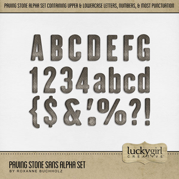 These paving stone brick alphabet, number, and punctuation mark digital scrapbooking embellishments by Lucky Girl Creative digital art are easy to use for everyday digital scrapbook page titles. Great for home renovation, building a new house, outdoors, nature, and garden. The Paving Stone Sans Alpha Set consists of a full set of digital art uppercase alphabet letters A-Z, lowercase alphabet letters a-z, numbers 0-9, and most punctuation marks. This alpha set is available as individual embellishments only. 
