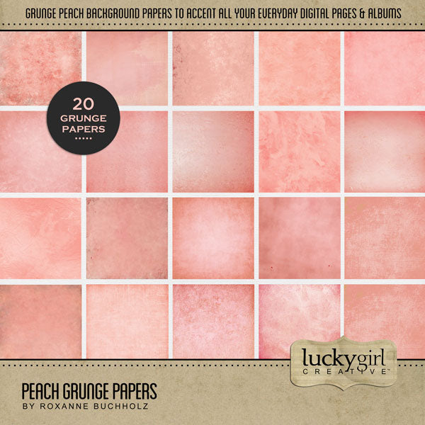 Accent your traditional seasonal pages with these peach textured and grunge papers by Lucky Girl Creative digital art for digital scrapbooking. Great for summer, spring, floral, and everyday pages, too! This kit is included in the Spring Season Papers Bundle.