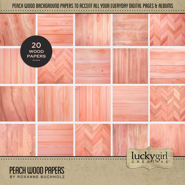 Accent your traditional seasonal pages with these peach wood grain papers by Lucky Girl Creative digital art for digital scrapbooking. Great for summer, spring, floral, baby, and everyday pages, too! This kit is included in the Spring Season Papers Bundle.