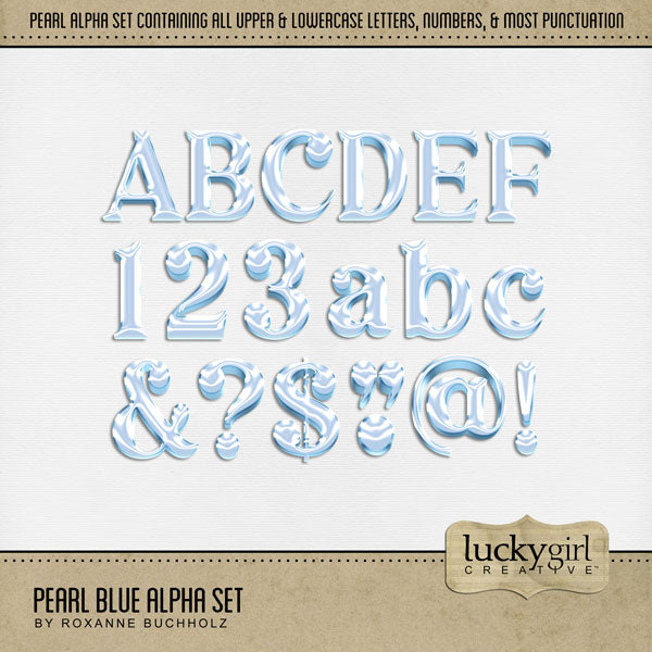 Capture the special moments in life with these digital scrapbooking alphabet letters, numbers, and punctuation by Lucky Girl Creative digital art. Great for page titles for winter, spring, wedding, birthday, baby, special events, and more! The Pearl Blue Alpha Set consists of a full set of digital art uppercase letters A-Z, lowercase letters a-z, numbers 0-9, and most punctuation marks. This alpha set is available as individual embellishments only. This kit is included in the Pearl Alpha Bundle.