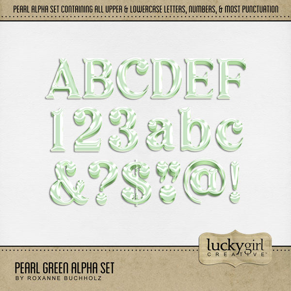 Capture the special moments in life with these digital scrapbooking alphabet letters, numbers, and punctuation by Lucky Girl Creative digital art. Great for page titles for spring, wedding, birthday, baby, special events, and more! The Pearl Green Alpha Set consists of a full set of digital art uppercase letters A-Z, lowercase letters a-z, numbers 0-9, and most punctuation marks. This alpha set is available as individual embellishments only. This kit is included in the Pearl Alpha Bundle.