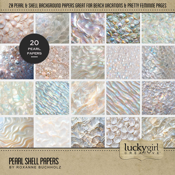 With summer beach vacations in mind, these realistic mother of pearl, shell, and abalone papers by Lucky Girl Creative digital art are the perfect backdrop for your digital scrapbooking pages! This kit is included in the Oysters to Pearls Bundle Bundle.