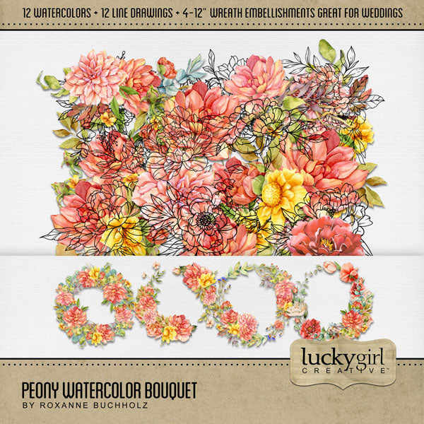 Capture the special moments of your wedding or flower garden with this mix of watercolor and hand drawn peonies by Lucky Girl Creative digital art. Great for wedding invitations, save the date cards, albums, decor, and even spring and summer pages, too! This kit is included in the Flower Watercolor Bouquet Bundle 1.