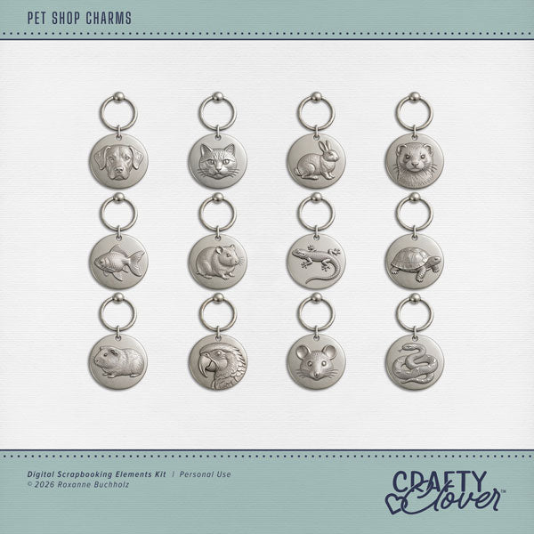 Capture life's happiest moments with these little silver animal charms by Crafty Clover digital art, designed for memory keepers who love documenting their pets and fur babies! Animal charms include puppy, dog, kitty, cat, rabbit, bunny, ferret, goldfish, hamster, lizard, reptile, turtle, guinea pig, parrot, mouse, and snake. This kit is NOT included in any bundle.