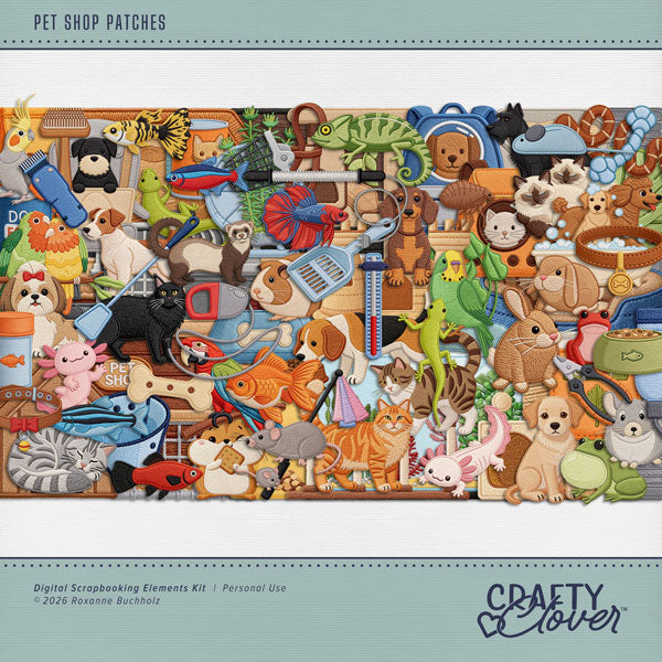Capture life's happiest moments with these pet shop embroidered patches by Crafty Clover digital art, designed for memory keepers who love documenting their pets and fur babies! Elements include agility training, axolotl, cockatiel, bird, lovebirds, parrot, flea, bunny, rabbit, cat, kitty, dog, puppy, mouse, Siamese, tabby, chameleon, chinchilla, Dachshund, Beagle, Jack Russel Terrier, Scottie, Shih Tzu, ferret, Beta fish, goldfish, guppy, neon tetra, wagtail platy, zebrafish, frog, guinea pig, hamster