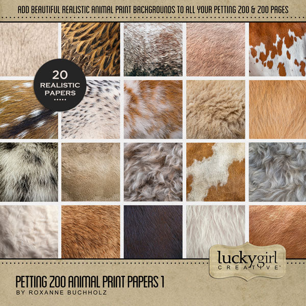 Highlight your petting zoo adventures with these realistic digital art papers by Lucky Girl Creative featuring farm animal patterns, fur, hides, feathers, and hair. Great for trips to the zoo and farm field trips. Animals represented include Chicken, Cow, Deer, Fawn, Donkey, Goat, Guinea Pig, Horse, Llama, Pig, Rabbit, Bunny, Raccoon, and Sheep.