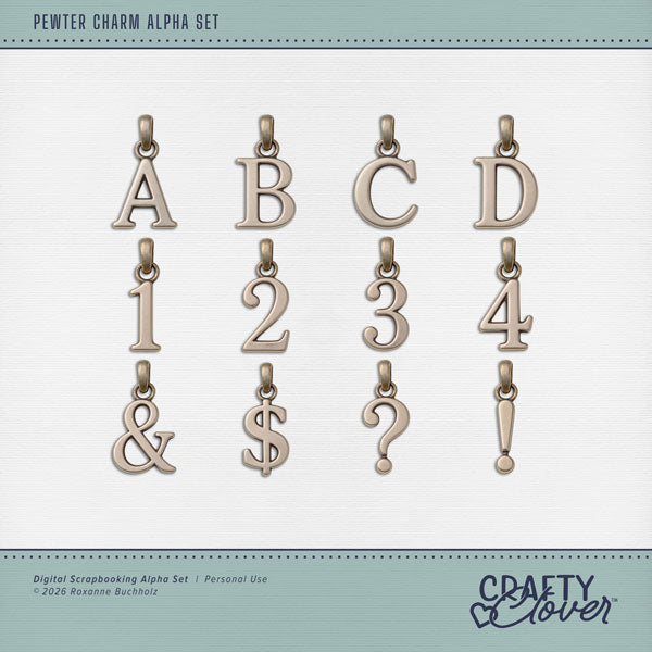 Capture life's most memorable moments with these little pewter alphabet, number, and punctuation charms by Crafty Clover digital art designed for creating unique page titles. This digital scrapbooking collection is perfect for preserving vacations, family adventures, celebrations, everyday memories, and all the little moments worth remembering. Document your favorite memories with a little extra luck and a whole lot of style! This kit is NOT included in any bundle.