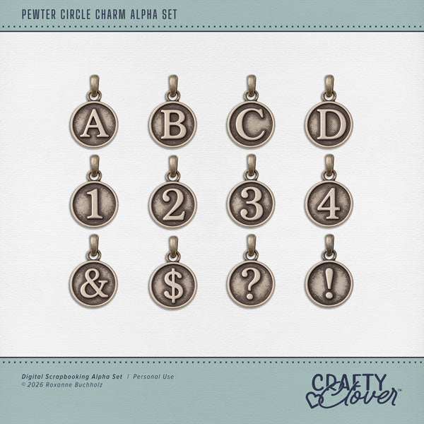 Capture life's most memorable moments with these little pewter alphabet, number, and punctuation charms by Crafty Clover digital art designed for creating unique page titles. This digital scrapbooking collection is perfect for preserving vacations, family adventures, celebrations, everyday memories, and all the little moments worth remembering. Document your favorite memories with a little extra luck and a whole lot of style! This kit is NOT included in any bundle.