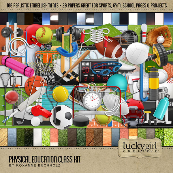 Sports, sports, and more sports! Have fun with this physical educational, phys ed, and school gym class digital art kit by Lucky Girl Creative. From school sports to weight training, this kit has everything you need to tell your child's story.