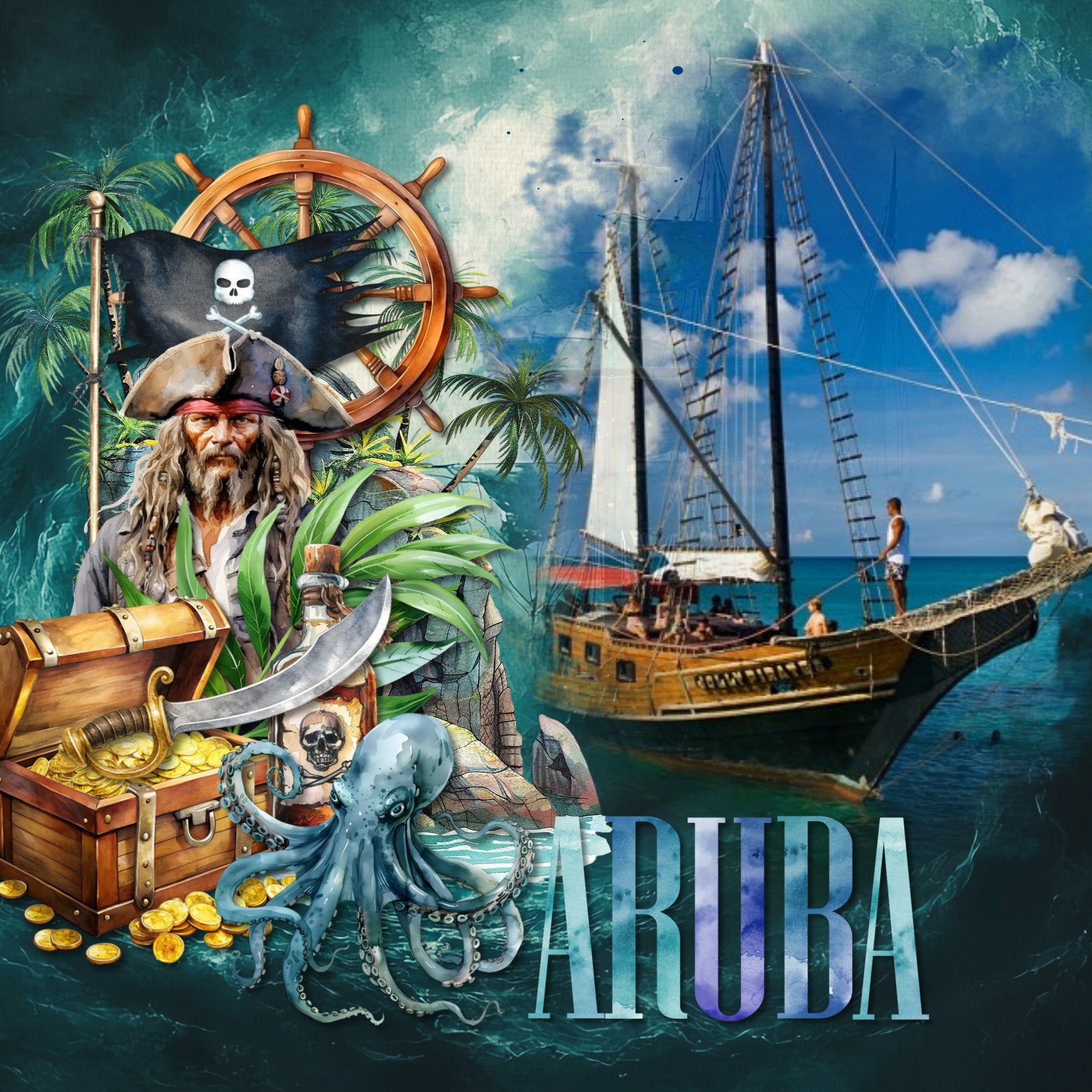 Ahoy, Matey! Feel like a pirate as you create one-of-a-kind watercolor digital scrapbooking pages! Use to document adventures to the Pirates of the Caribbean, pirate cruises, Halloween, and International Talk Like a Pirate Day. Embellishments by Lucky Girl Creative digital art include parrot, seagull, fish, iguana, cat, monkey, octopus, whale, pirate ship, boat, book, bottle, poison, candle, cannon, cannon ball, pitcher, jug, barrel, mug, rum, eye patch, pirate flag, globe, gun, pistol, hat, headband, pen, 