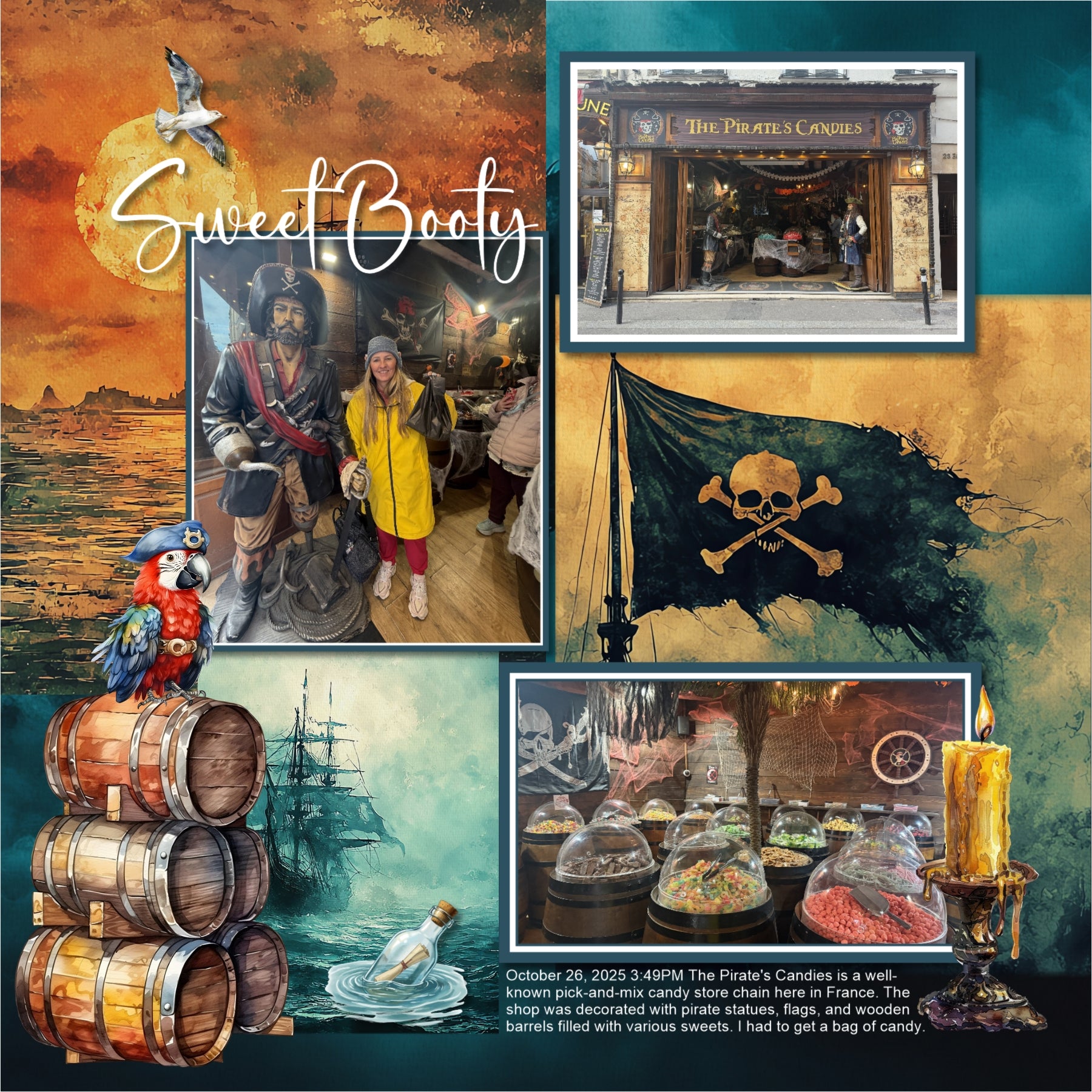 Ahoy, Matey! Feel like a pirate as you create one-of-a-kind watercolor digital scrapbooking pages! Use to document adventures to the Pirates of the Caribbean, pirate cruises, Halloween, and International Talk Like a Pirate Day. Embellishments by Lucky Girl Creative digital art include parrot, seagull, fish, iguana, cat, monkey, octopus, whale, pirate ship, boat, book, bottle, poison, candle, cannon, cannon ball, pitcher, jug, barrel, mug, rum, eye patch, pirate flag, globe, gun, pistol, hat, headband, pen, 