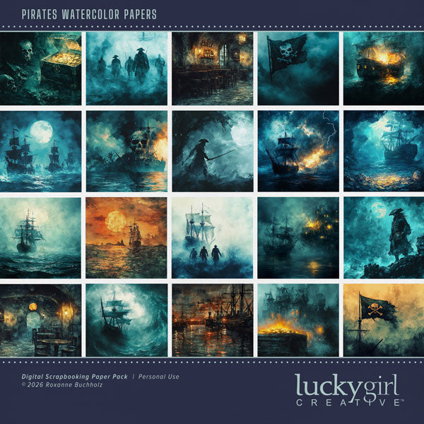 These digital scrapbooking background papers by Lucky Girl Creative digital art feature watercolor scenes featuring pirates, pirate ships, and treasure. Use to create one-of-a-kind beautiful backgrounds for Pirates of the Caribbean adventures, Halloween, and International Talk Like a Pirate Day. This kit is included in the Pirates Watercolor Kit.