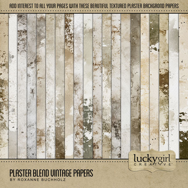 Add beautiful transparent plaster textured papers by Lucky Girl Creative digital art to all your digital scrapbooking pages! In hues of brown, the grunge plaster papers add so much warmth to all your memory keeping projects. Try layering over different colored digital papers to create a one-of-a-kind look! Great for family history, genealogy, heritage, and junk journal pages! This kit is included in the Plaster Blend Vintage Papers & Overlays Kit.