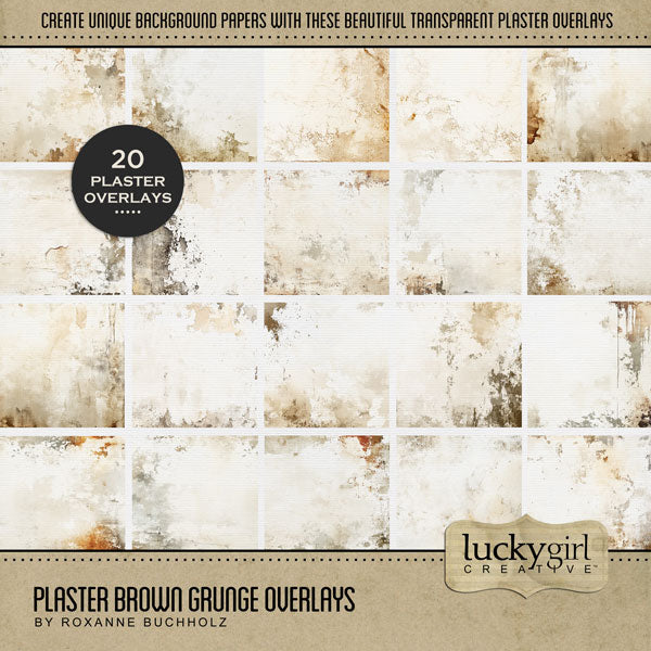 Add beautiful transparent grunge plaster overlays by Lucky Girl Creative digital art to all your digital scrapbooking pages! Try layering over different colored digital papers to create a one-of-a-kind look. Great for travel, historic sites, vacations, family history, heritage, genealogy, and more! This kit is included in the Plaster Brown Grunge Papers & Overlays Kit.