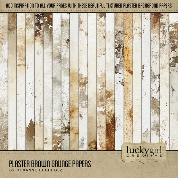 Add beautiful grunge plaster textured papers by Lucky Girl Creative digital art to all your digital scrapbooking pages! Great for travel, historic sites, vacations, family history, heritage, genealogy, and more! This kit is included in the Plaster Brown Grunge Papers & Overlays Kit.