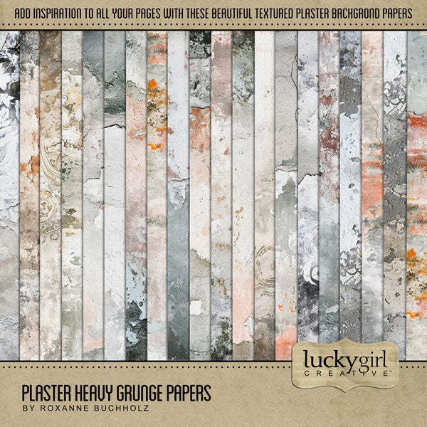 Add rustic grunge plaster textured papers by Lucky Girl Creative digital art to all your digital scrapbooking pages! Great for travel, historic sites, vacations, family history, heritage, genealogy, and more! This kit is included in the Plaster Heavy Grunge Papers & Overlays Kit.