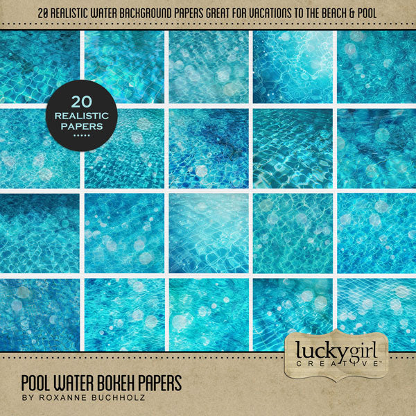 In turquoise tones of blue, these beautiful pool water bokeh papers by Lucky Girl Creative digital art for digital scrapbooking are great for vacations to the beach and ocean, swimming in the pool, as well as summer snorkel and dive adventures. This kit is included in the Paper Duo Pool Water Bokeh Kit.