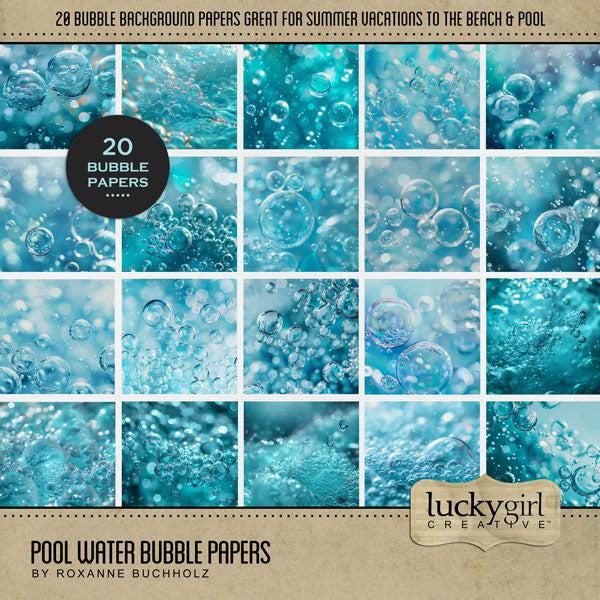 In turquoise tones of blue, these beautiful water bubble papers by Lucky Girl Creative digital art for digital scrapbooking are great for vacations to the beach and ocean, swimming in the pool, as well as summer snorkel and dive adventures. This kit is included in the Paper Duo Pool Water Bokeh Kit.