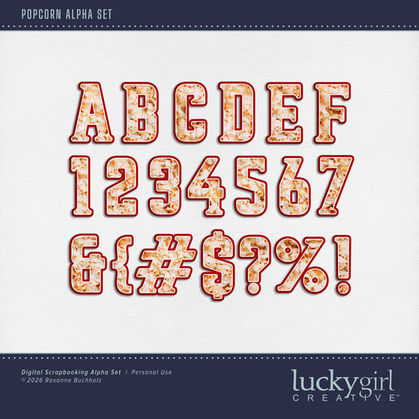 Showcase your favorite movie theaters, restaurants, snacks, and cookbook favorites with these fun digital scrapbooking alphabet letters, numbers, and punctuation by Lucky Girl Creative digital art great for creating one-of-a-kind digital scrapbooking page titles. This alpha set consists of a full set of digital art uppercase letters A-Z, numbers 0-9, and most punctuation. This alpha set is available as individual embellishments only. This Alpha Set is NOT included in any bundle.