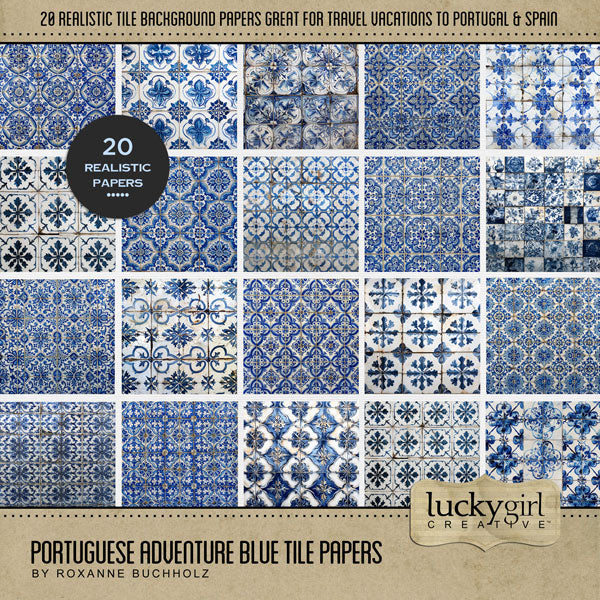 Adventure and explore through Portugal with these beautiful blue tiled background papers by Lucky Girl Creative digital art for digital scrapbooking. Whether you have taken a holiday to Portugal, Spain, or walked the Camino de Santiago trail, this collection will authentically accent your photos of Western Europe. Great for exploring Lisbon, Porto, Vila Nova de Gaia, Braga, Amadora, and Coimbra. This kit is included in the Portuguese Adventure Bundle.
